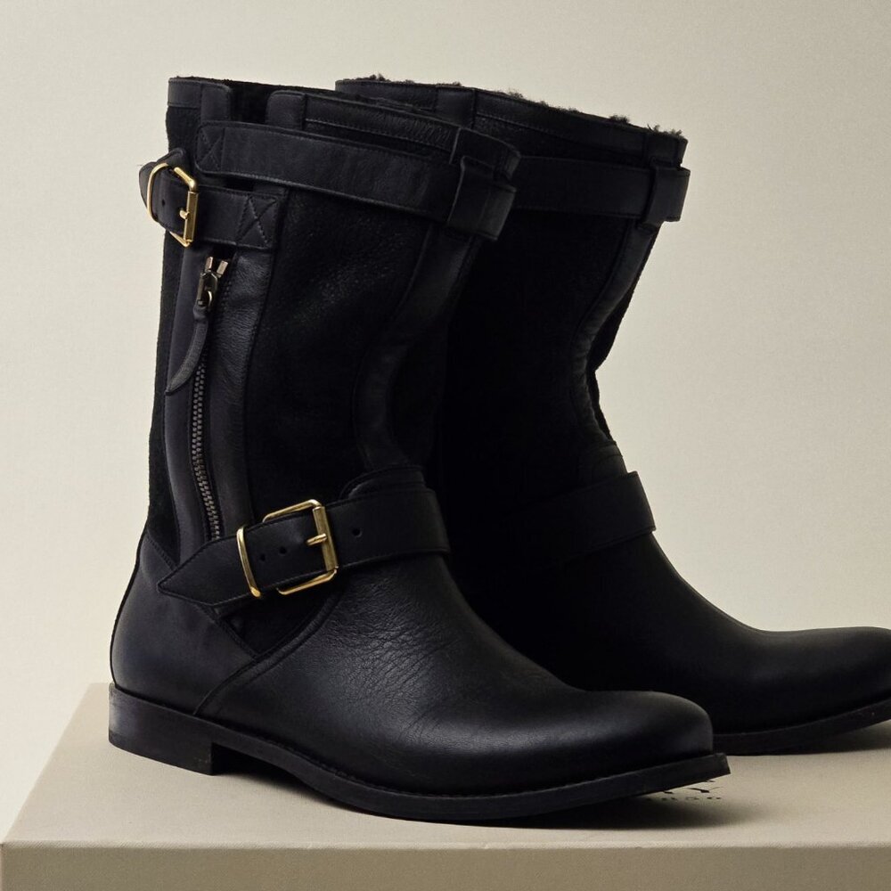 Burberry Black Leather Ankle Boots with Gold Buckles